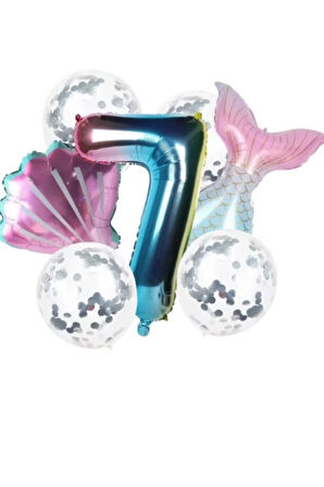 Deniz Kızı Kuyruk Gümüş Pul Gökkuşağı Rakam Folyo Balon Seti 7 Yaş