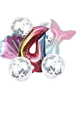 Deniz Kızı Kuyruk Gümüş Pul Gökkuşağı Rakam Folyo Balon Seti 4 Yaş