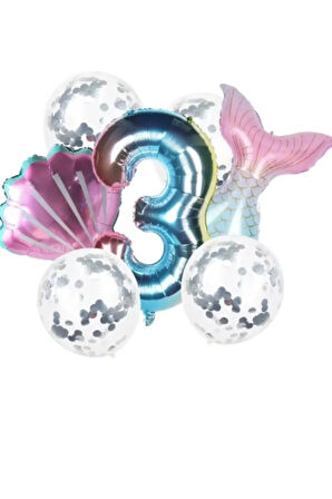 Deniz Kızı Kuyruk Gümüş Pul Gökkuşağı Rakam Folyo Balon Seti 3 Yaş