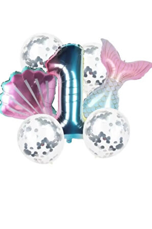 Deniz Kızı Kuyruk Gümüş Pul Gökkuşağı Rakam Folyo Balon Seti 1 Yaş