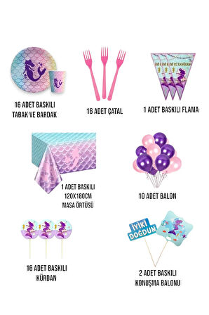 Deniz Kızı 16 Kişilik Konuşma Balonlu Doğum Günü Parti Seti