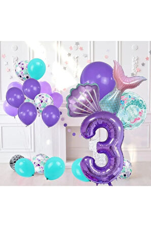 3 Yaş Deniz Kızı Temalı Doğum Günü Parti Kutlama Seti Konsept 1