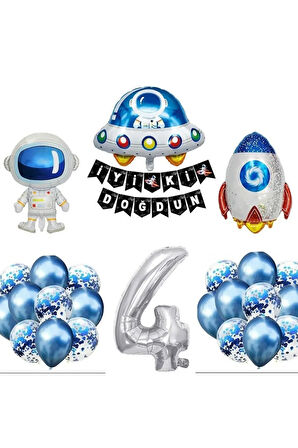 Uzay Konsepti 4 Yaş Doğum Günü Parti Kutlama Seti; Astronot, Ufo Ve Uzay Gemisi Folyo Balon Set