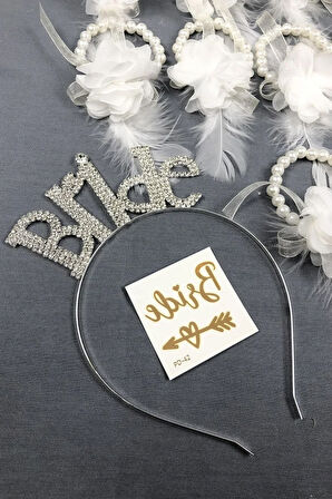 Bride Taç Ve Beyaz Çiçekli Nedime Bileklik Seti