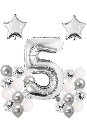 Gümüş Konsept Yaş Doğum Günü Kutlama Seti Beyaz Gümüş Konfetili Balon Rakam Yıldız Folyo