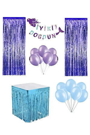 Denizkızı Konseptli Doğum Günü Dekorasyon Seti, Perde Masa Örtüsü Balon Seti
