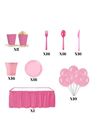 16 Kişilik Pembe Parti Servis Ürünleri Ve Balon Seti