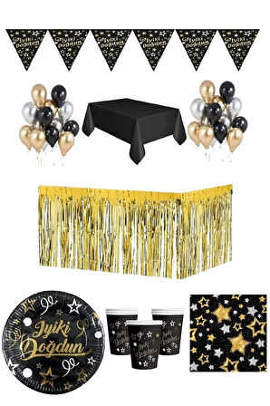 Yetişkin 8 Kişilik Gümüş- Gold-siyah Doğum Günü Seti