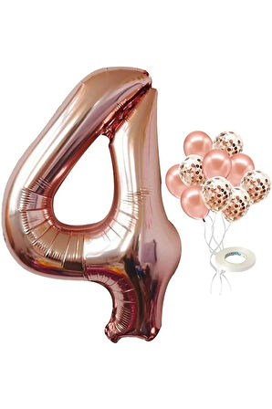 Star 4 Yaş Rose Gold Rakam Balon Konfetili Balon Seti