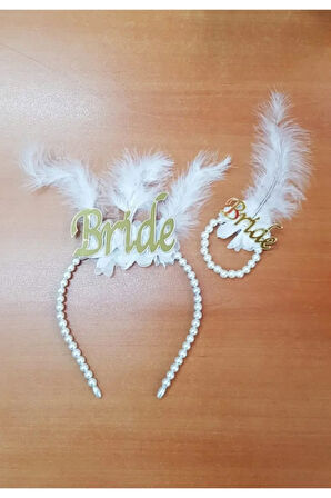 Bride Gold Tüylü Gelinlik Taç Ve Bride Incili Bileklik
