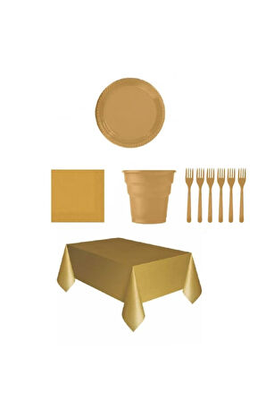 Gold Renk Plastik Tabak, Bardak, Çatal, Peçete Ve Tek Kullanımlık Masa Örtüsü Seti