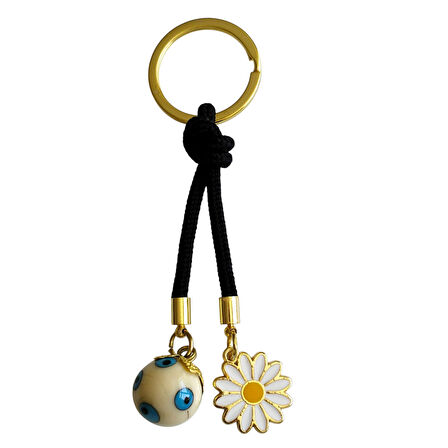 Top Şekilli Boncuk ve Papatya Figürlü Siyah İpli Şık Anahtarlık