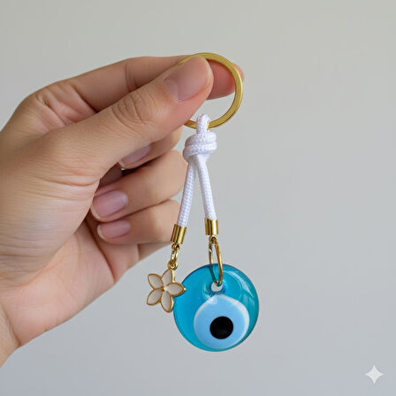 Cam Nazar Boncuklu Lotus Çiçekli Beyaz İpli Anahtarlık