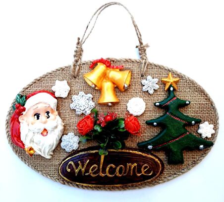 Welcome Yazılı Noel Babalı El Yapımı Yılbaşı Kapı Süsü