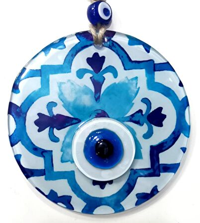 Füzyon Cam Lale Desenli Nazar Boncuklu El Yapımı Duvar Süsü  12 x 12 Cm Ölçülerinde Hediyelik Eşya 