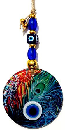 Füzyon Cam Tavus Kuşu Tüyü Desenli 12x12 Cm Nazar Boncuklu 12x30 Cm El Yapımı Duvar Süsü Nazarlık