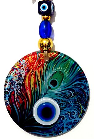 Füzyon Cam Tavus Kuşu Tüyü Desenli 12x12 Cm Nazar Boncuklu 12x30 Cm El Yapımı Duvar Süsü Nazarlık