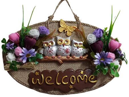 Baykuş Ailesi Welcome Yazılı Kapı Süsü