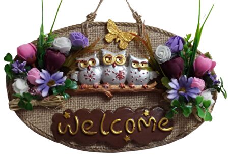 Baykuş Ailesi Welcome Yazılı Kapı Süsü