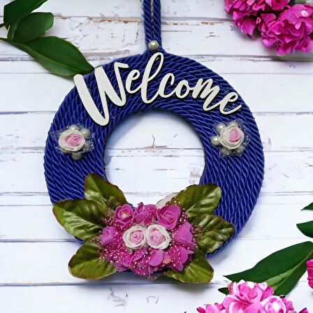 Pembe Güllü Welcome Yazılı Lacivert Kapı Süsü