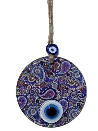 Mandala Desen Mavi Mor Nazar Boncuklu Füzyon Cam El İşçiliği 12 cm Duvar Süsü Nazarlık Hediyelik Eşya