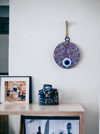 Mandala Desen Mavi Mor Nazar Boncuklu Füzyon Cam El İşçiliği 12 cm Duvar Süsü Nazarlık Hediyelik Eşya