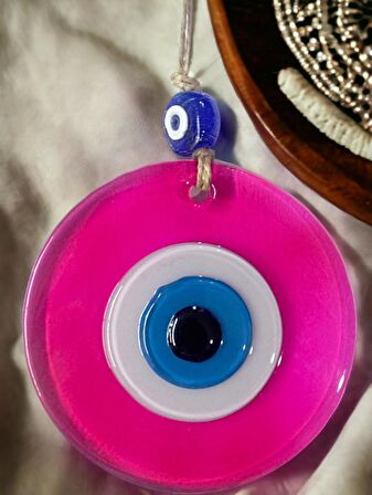 Şeffaf Pembe Nazar Boncuklu Duvar Süsü 10 Cm Cam Duvar Dekoru