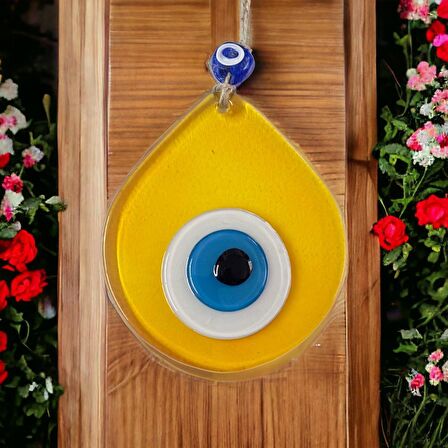 Orta Boy Şeffaf Sarı Damla Desen Nazar Boncuklu Duvar Dekoru Cam Duvar Süsü