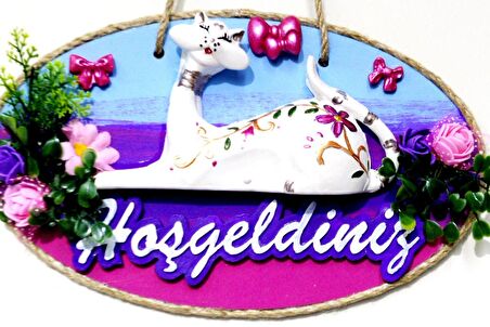 Kedi Figürlü Hoşgeldiniz Yazılı El Boyaması Renkli Kapı Süsü