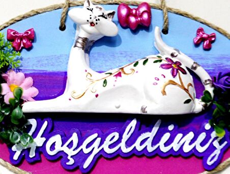Kedi Figürlü Hoşgeldiniz Yazılı El Boyaması Renkli Kapı Süsü