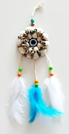 Deniz Kabuklu Nazar Boncuklu Kuş Tüylü El Yapımı Duvar Süsü