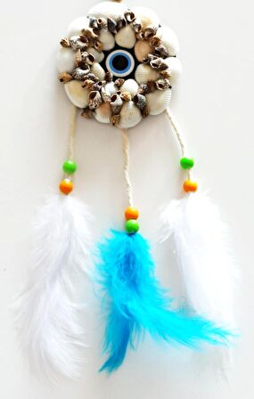 Deniz Kabuklu Nazar Boncuklu Kuş Tüylü El Yapımı Duvar Süsü