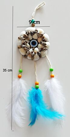 Deniz Kabuklu Nazar Boncuklu Kuş Tüylü El Yapımı Duvar Süsü