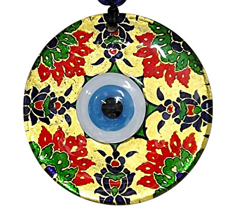 Kırmızı Çiçekli Nazar Boncuklu Altın Rengi Füzyon Cam 12 cm Duvar Süsü 