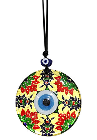 Kırmızı Çiçekli Nazar Boncuklu Altın Rengi Füzyon Cam 12 cm Duvar Süsü 
