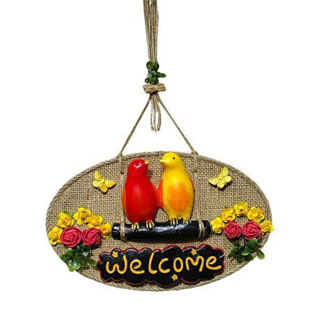 Dekoratif Welcome Kapı Süsü – Sarı Kırmızı Kuş ve Çiçek Temalı, Jüt İpli El Yapımı Kapı Süsü