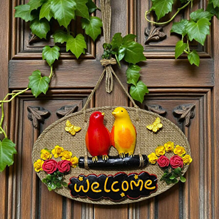 Dekoratif Welcome Kapı Süsü – Sarı Kırmızı Kuş ve Çiçek Temalı, Jüt İpli El Yapımı Kapı Süsü