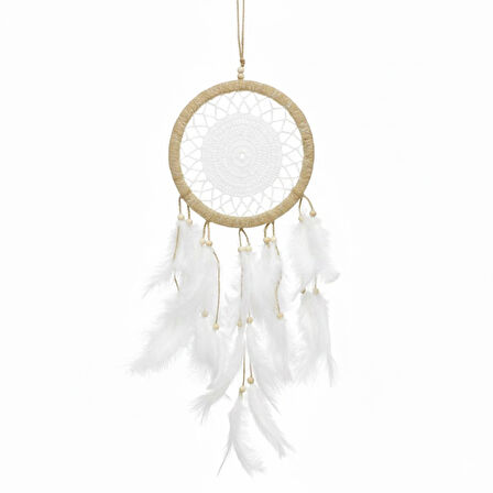 21 cm El Yapımı Rüya Kapanı (Dream Catcher) – Makrome Örgü ve Beyaz Tüy Detaylı – Bohem Duvar Süsü ve Dekor