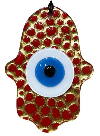 Cam Fatma Ana Eli Duvar Süsü Nazar Boncuklu - Kırmızı Gold Detaylı Hamsa Eli 10x15 cm