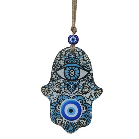 Dantel Motifli Cam Hamsa Eli Duvar Dekoru - Nazar Boncuklu Jüt İpli Süs 10x15 cm