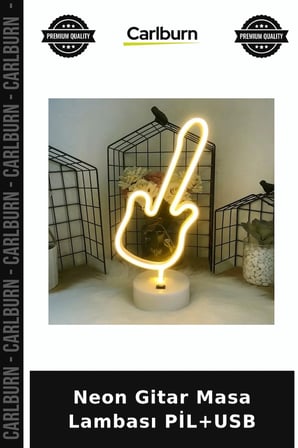 Neon Gitar Masa Lambası PİL+USB Işıklı Dekor Okuma Köşesi Renkli Lamba