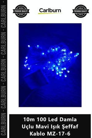 Ozel Uretim Dekoratif Yilbasi Aydinlatma 10M 100 Led Damla Uclu Mavi İsik Seffaf Kablo Mz176