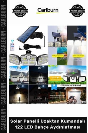 Özel Üretim Dış Mekan Su Geçirmez Sensörlü Solar Panelli Uzaktan Kumandalı 122 LED Bahçe Aydınlatma
