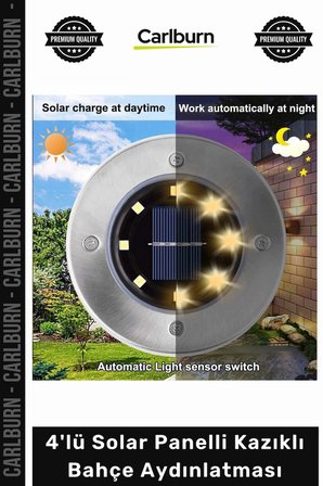 #Solar 8 Ledli Su Geçirmez Metal Dış Yüzey 4'lü Solar Panelli Kazıklı Bahçe Aydınlatması
