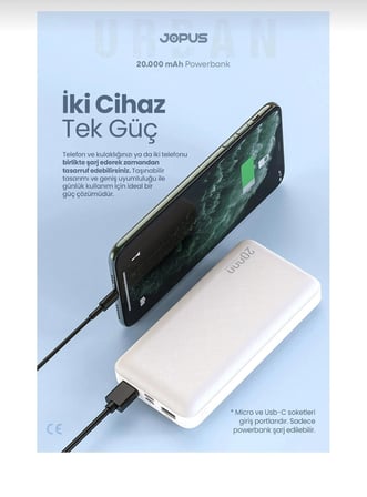Premium Powerbank Beyaz 20000 mAh Çift USB Çıkışlı Hızlı Şarj