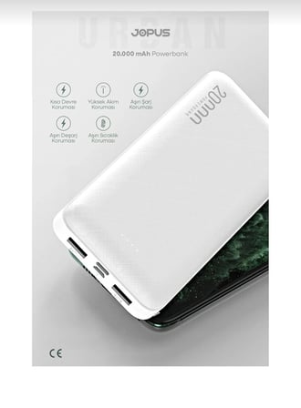 Premium Powerbank Beyaz 20000 mAh Çift USB Çıkışlı Hızlı Şarj