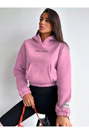 Crop kapşonlu 3 iplik şardonlu şeker pembe sweatshirt