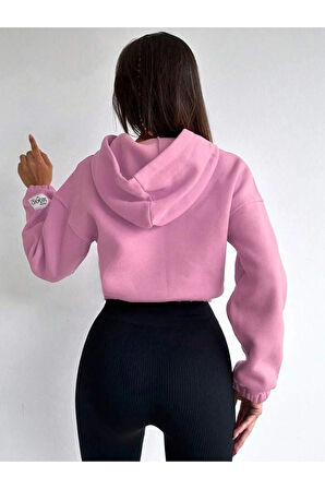 Crop kapşonlu 3 iplik şardonlu şeker pembe sweatshirt