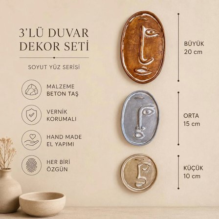 Soyut Renkli Minimal Yüzler Serisi – 3’lü El Yapımı Beton Duvar Dekoru