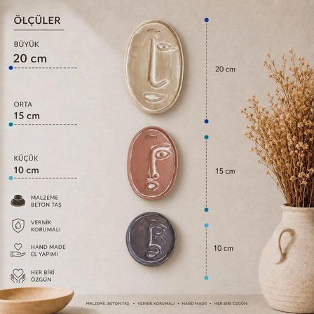 Soyut Renkli Minimal Yüzler Serisi – 3’lü El Yapımı Beton Duvar Dekoru